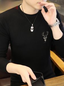 HENGYUANXIANG | Hengyuanxiang Mens Slim Fit Knitted Sweater Round Neck Trendy Rhinestone T-Shirt Spring Autumn Thin Style Knitwear Base Layer