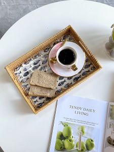 Rectangular Rattan Mother of Pearl Inlaid Tray with Handle Coffee Table Serving Tray Serving Tray Jewelry Storage Display Tray
