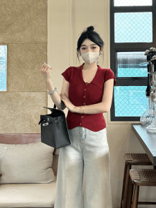 Red Wine Color Polo Neck Ice Silk Knitted Short Sleeve T-Shirt Women Summer Slim Fit Single Button Open Cardigan Top