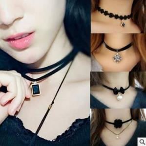 Double Layer Black Lace Necklace Womens Decorative Neckwear Korean Style Lockbone Chain Sweater Accessory Alloy Material