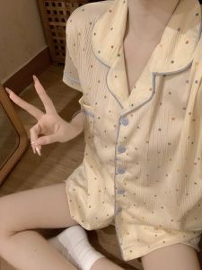Summer South Korea New Arrival Ins Lace Gingham Pajamas Female Japanese Style Simple Student Short Sleeve Loose Homewear Suit
