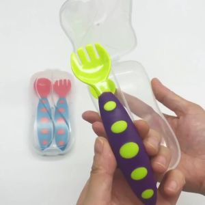 Soft Silicone Utensils Baby Feeding Training Spoon & Fork with Case No BPA