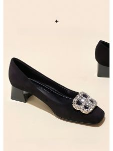 สบายกลางส้นรองเท้าเดียวสําหรับผู้หญิงเพชรประดับ สีดำ หนัง ทันสมัย รองเท้าสํานักงานสแควร์ Toe Chunky Heel