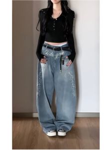 กางเกงยีนส์ทรงหลวมผ่าข้างแบบเข็มขัดประดับดอกไม้สไตล์ย้อนยุค สไตล์อเมริกัน High Street กางเกงขายาวทรงหลวมสำหรับทั้งชายและหญิง