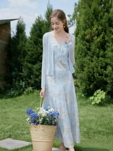 XIANGYING | Blue Print Knit Summer Autumn New Dress Set