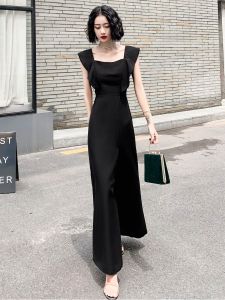 ชุดราตรีสีดำยาวหรูหราสำหรับผู้หญิง ชุดราตรีสไตล์เกาหลี ทรงเอวกลาง กระโปรงทรงเจ้าหญิง ดีไซน์คอกลม ชุดราตรี