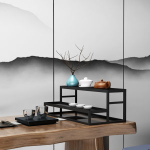 Japanese Style Iron Art Tea Set Storage Display Shelf Dual Layer Tea Pavilion Buxue Rack Gongfu Tea Accessories Holder