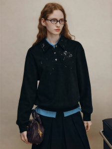 FAMANXUAN | Handmade Beaded Polo Neck Sweatshirt with 3D Embroidered Flowers