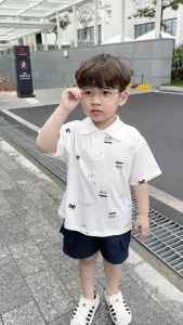 Set đồ bộ cộc tay cotton cho bé trai in hình xe buýt áo thun polo và quần jean mềm BERNIE T0724B31