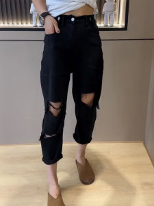 High Waist Slimming Hole Denim Pants Womens Summer Thin Loose Harlan Nine Points Jeans Cotton Elastic Casual Black