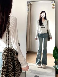 กางเกงยีนส์ทรงขาบานเอวสูงสำหรับผู้หญิง กางเกงขายาวทรงหลวม ทรงสลิมฟิต ทรงขาบาน ทรงยาวถึงพื้น สีฟอกน้ำ