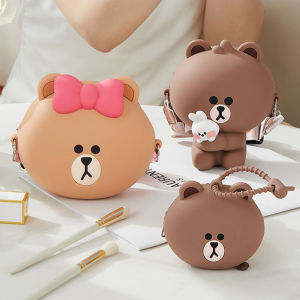 Line Friends Brown Bear Silicone Crossbody Makeup Storage Bag Earphone Organizer Mini Hanging Pouch Cartoon Anime Wallet