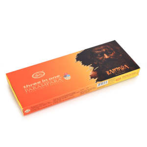 Parampara Three in One Kantara incense home fragrance box. Orange packaging with black and white text. Features image of a bearded man. Suitable for home decor and aromatherapy.