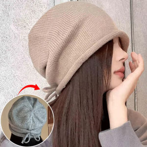 Fashion Drawstring Baggy Slouchy Beanie for Women Autumn Winter Ear Warm Skullies Cap Solid Color Bonnet Girl Kintted Woolen Hat