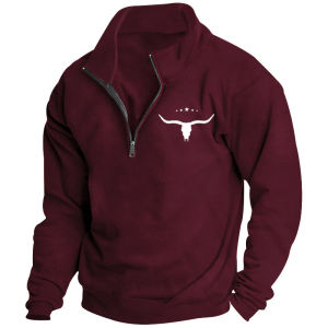 Mens Long-Sleeved Sweatshirt Autumn Winter Fleece European American Style Half-Zipper Stand-Up Collar Solid Color Bull Head Pri