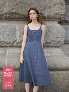 Blue Pure Cotton Vintage Plaid Strap Dress Womens Summer New Style Fanceilann X Version Midi Dress without Sleeve a Line Skirt