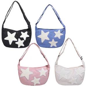 Women Canvas Messenger Bag Versatile Star Shoulder Bag Casual Crossbody Sling Bag Pentagram Satchel Bag Student Book Bag