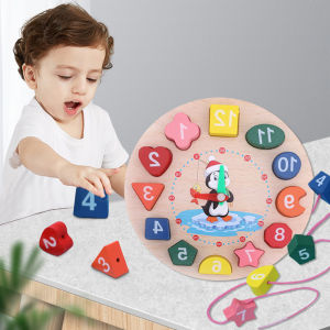Mainan puzzle kayu anak wooden toys jam geometri Penguin Beaded Clock