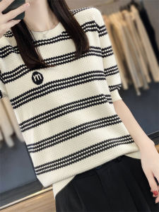 เสื้อยืดคอกลมแขนสั้นถักผ้าฝ้ายลินินลายทาง เสื้อชั้นในหลวมๆ สำหรับฤดูใบไม้ผลิและฤดูร้อน เส้นด้ายฝ้ายแท้ เสื้อเชิ้ตแขนสั้น