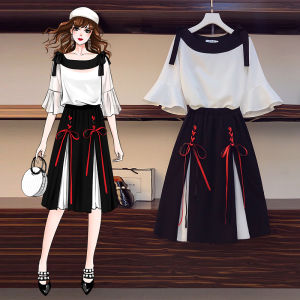 plus Size Summer Fashion Slimming Effect Snowflake Chiffon Dress Two Piece Set Korean Style One Shoulder Sleeve Design Polyester Fiber