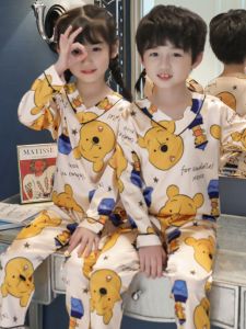 Ice Silk Long Sleeve Childrens Sleepwear Set Cartoon Home Clothes for Boys And Girls Spring Autumn V-neck Printed Slim Fit