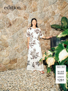 ชุดเดรสยาวผ้าลินินลายดอกไม้สำหรับผู้หญิงในช่วงฤดูร้อนใหม่ ชุดเดรสยาวคลุมเข่าเอวสูง แขนสั้น ทรงหลวม คอตั้ง กระโปรงทรงเอ