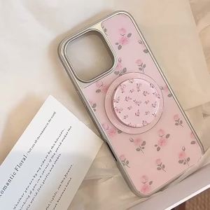 Korean Pink Rose Floral Silver Edge Magnetic Bracket Phone Case for iPhone 17 Air 16 15 14 13 12 Pro Max Shockproof Hard Cover