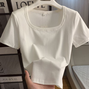 เสื้อยืดคอกว้างแขนสั้นผ้าฝ้ายแท้ทรงเข้ารูปสำหรับผู้หญิงในช่วงฤดูร้อน สไตล์ใหม่ สีขาว เสื้อเชิ้ตทรงเข้ารูปเอวเข้ารูป