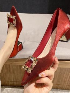 Chinese Style Red Wedding Shoes Chunky Heel High Heels Womens New 2024 Pointed Toe Pregnant Womens Wedding Dress Show Shoe Two-Way Bride Shoes