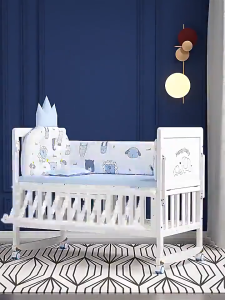 Playpark Baby Crib with White Solid Wood Multi-functional Baby Bed with Mosquito Net Wheels Mattress Gift for Newborn