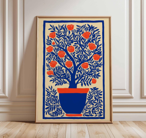 Bold Floral Wall Art Print Modern Botanical Poster Vibrant Plant Illustration Contemporary Blue and Orange Artwork Minimalis