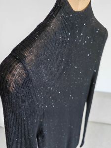 Shiny Sequin Base Shirt Womens Comfortable Black High Collar Inner Wear Korean Style Silk Fabric Long Sleeve Straight Cut Top