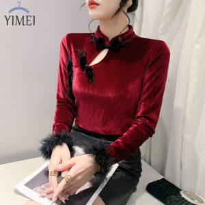 Yimei Mới Của Trung Quốc Nút áo nhung nữ lớn Của 2023 Mùa Thu/Mùa Đông thời trang mới Và Tây Hóa Cao Cấp Sang Trọng tay áo dài áo thun màu đen