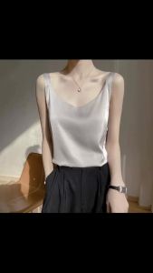 Áo Hai Dây Cổ Chữ V Dành Cho Nữ Áo Ba Lỗ Không Tay Bằng Lụa Satin Màu Trắng Cơ Bản Mùa Hè Áo Yếm Slim Fit Phong Cách Công Sở Dành Cho Nữ