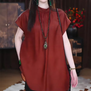 UYFY | Slimming Red Fly Sleeve Shirt Womens Summer New Loose Casual Thin Large Size Fashionable Top Casual Style Loose Fit Short Sleeve