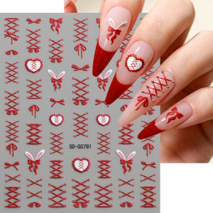 1Pcs 5D Red Bunny Ear Bow Lace-Up Nail Stickers Embossed French Ribbon Adhesive Nails Decals Sweet Bowknot Strap Manicure Slider