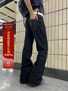 กางเกงยีนส์ทรงตรงเอวต่ำสไตล์ย้อนยุคสไตล์อเมริกันสำหรับผู้หญิง กางเกงขายาวทรงสลิมฟิต ปักคริสตัล ทรงลำลอง สีน้ำเงิน