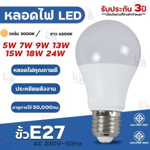 หลอดไฟ LED รับประกัน 3ปี หลอดLED ขั้วE27 หลอดไฟกลม ใช้ไฟฟ้าบ้าน 220V หลอดไฟE27 3W 5W 7W 9W 13W 15W 18W 24W แสงสว่างนวลตา