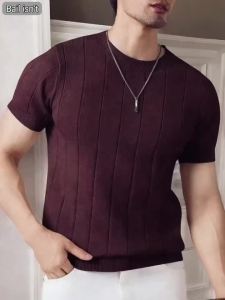 Summer Men Slim-fit Knitted T Shirt O Neck Solid Color Short Sleeve Casual Business Tees Trendy All-match Breathable Tops S-2XL
