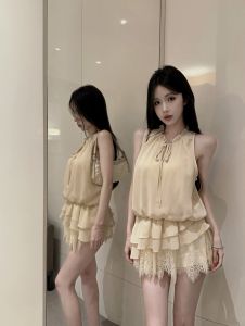 GUZILIAN | Áo Blouse Thắt Eo Đẹp Nhẹ Nhàng Với Ren Pháp