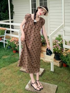 Cafe Brown Polka Dot Summer Dress Womens High Waist A-Line Skirt Long Sleeve round Neckline Cover up Sweet And Spicy