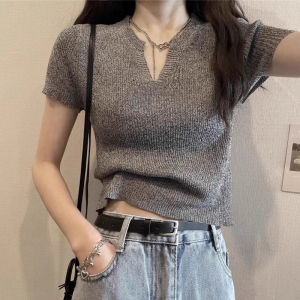 Áo Thun Tay Ngắn Cổ Chữ V Bằng Lụa Băng Cỡ Lớn Cho Nữ Mùa Hè Gợi Cảm Ôm Vừa Vặn Ngắn Vai Áo Len Dệt Kim Thường Ngày
