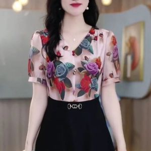 Elegant Floral Print Maxi Dress Womens Short Sleeve Waist-Cinching A-Line Gown Summer New Fashion Single-Piece Ensemble