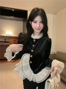 GUZILIAN | Velvet Bell Sleeve Shirt Womens Autumn Winter High Collar Base Layer Top Asymmetrical Hem Commute Style Pear Shape Fit