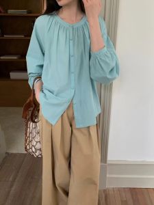 Cotton and Linen Tops 2024 Early Autumn New Arrival Same Color round Buckle Stylish round Neck Long Sleeves Lantern Sleeve Shirt Women