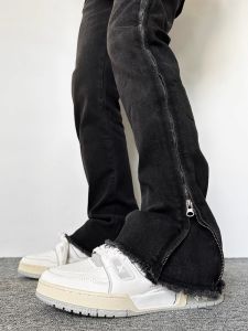 สูง เอว พู่ เดนิม กางเกงยีนส์ ด้านข้าง ซิป Ripped สลิมฟิต ผู้ชายผู้หญิง สีดำ Micro Flare กางเกงขายาว Vintage สไตล์อเมริกัน