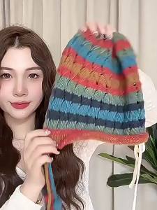 Hearing Protection Women Ear Protective Crochet Lace up Tassel Winter Warm Knitted Hat Dopamine Fashion Korean Style