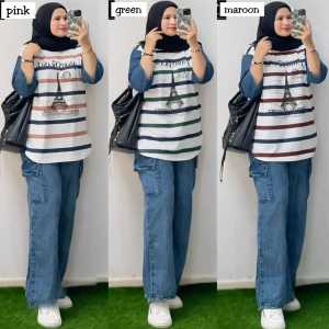 one set jeans wanita terbaru setelan bahan jeans premium mix katun salur