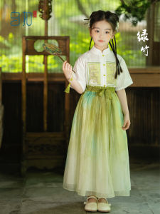 Green Bamboo Traditional Chinese Style Childrens Clothing Set New Summer Shirt Suit for Girls Stand Collar Lightweight Cotton Blend