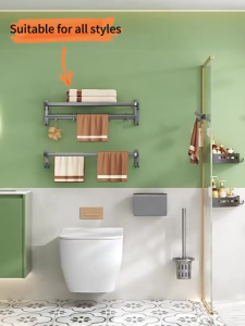 Aluminium Grey Bathroom Towel Rack Toilet Shelf Wall Mount No Drilling Mount Bathroom Rack Bathroom Organizer